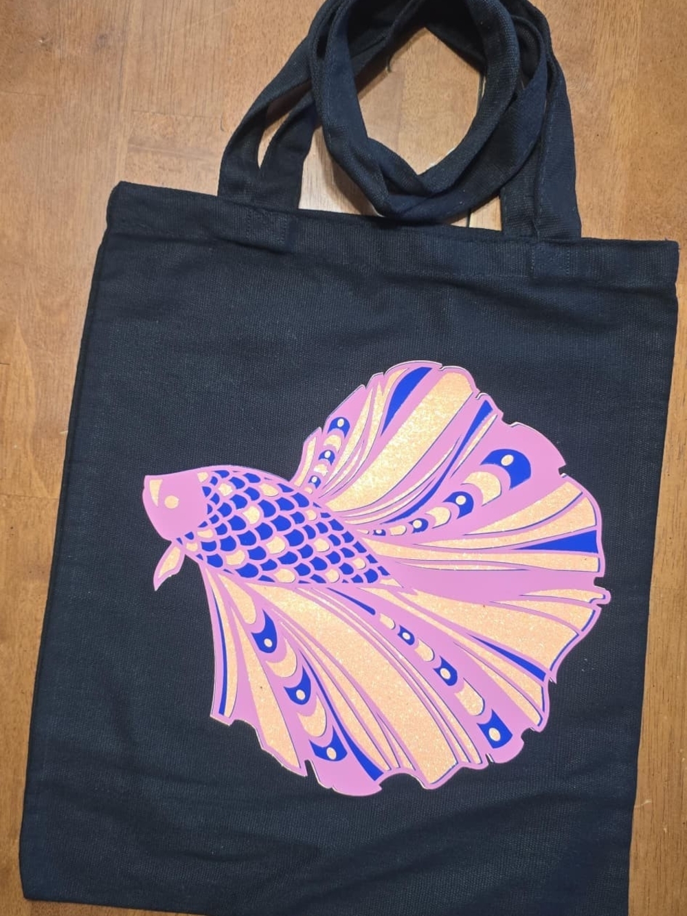 Black Heavy Canvas Tote Bag with Pink, Orange/Peach, & Blue Fish Graphic